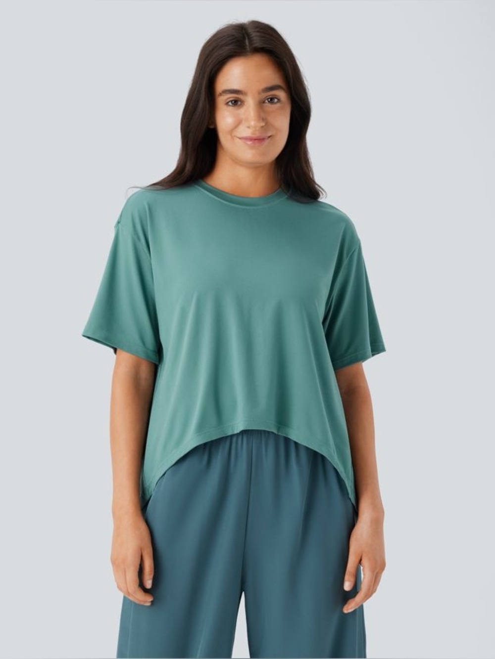 HALARA Round Neck Short Sleeve High Low Asymmetric Hem Casual Top - size Medium